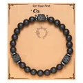 Men's black matte beaded bracelet with square volcanic stones on display card - Holy Card (Holy Card + Black Matte Lava Stone Bracelet)