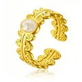 Eleganter goldener offener Ring mit Blattmuster und runder weißer Perlmutteinlage - Gj037 Gold
