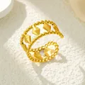 Vergoldeter offener Edelstahlring mit geometrischem Rautenmuster und Perlenrand - Gj047 - Gold