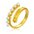 Eleganter goldener Edelstahlring offen mit weißen Perlen und Weizenstruktur - Gj052 - Gold