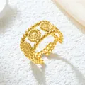 Eleganter vergoldeter Edelstahlring in offener Form mit detailliertem Sonnenblumendesign - Gj053 - Gold