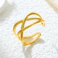 Eleganter verstellbarer Edelstahlring in Gold mit minimalistischem Kreuzlinien-Design - Gj061 - Gold