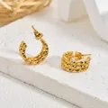 Vintage stainless steel C-shaped hoop earrings with irregular geometric textured gold finish - Gold (ERC-75)