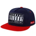 Navy and red flat brim baseball cap with Parental Advisory explicit content patch. - Navy Blue + White