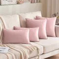 Set van zachte roze fluwelen kussenhoezen met elegante bies op een witte bank in huis - Lotusroze / 30x50cm