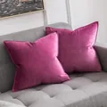 Zachte magenta fluwelen kussenhoezen met een decoratieve bies op een grijze bank - Roze