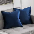 Pair of premium navy blue velvet throw pillow covers with decorative piping on grey sofa - Navy Blue