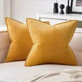 Elegant paar gouden Hollandse fluwelen kussenslopen met stijlvolle decoratieve biezen. - Oranje