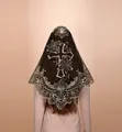 Vintage black lace triangular headscarf with golden cross embroidery veil detail - Black