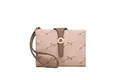 Detailed view of a pink women's bifold wallet featuring floral prints and a wristlet - Pink