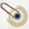 Detailed view of hand-woven straw bag featuring a blue evil eye motif and leather straps - Evil Eye Design (Beige Handle)