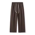 Men's loose straight-leg pure cotton casual pants in dark brown with white drawstring - Coffee