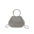 Elegant silver handmade woven pearl handbag with a circular handle and chain strap - With Silver Metal Bead