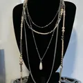 Vintage multi-layer beaded necklace featuring faux pearls and silver metal chains - Multi-layer Layered Necklace