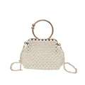 Elegant hand-woven white pearl evening handbag with gold ring handle and chain. - Pearl White (Gold Hardware)