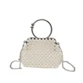 Elegant handmade woven pearl handbag featuring metal ring handle and crossbody chain strap - Pearl White (Silver Hardware)