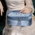 Borsa cosmetica in velluto blu a grande capacità con elegante motivo a stelle dorate - Blu Stellare Reale