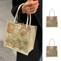 Bolso de mano elegante de tapicería floral para mujer con asas de cuerda y botón de madera - Verde Estilo Botón