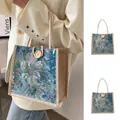 Elegant blue floral tapestry tote bag featuring rope handles and wooden button detail - Blue With Button