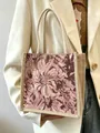 Elegant vintage floral tapestry handbag with woven rope handles and textured fabric - Pink No Button Style