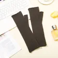 Warm dark brown ribbed knit long fingerless arm warmers with thumb holes for winter - Dark Brown / One Size