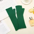 Dark green knitted long fingerless gloves arm warmers with thumb hole for winter - Green / One Size