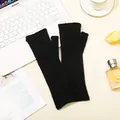 Elegant black knitted fingerless arm warmers, long winter gloves for women and students - Black / One Size