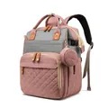 Large capacity pink and grey diaper bag backpack with quilted front pocket and round pouch. - Pink and Gray