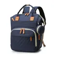 Large capacity navy blue diaper backpack with leather accents and small pouch - Blue