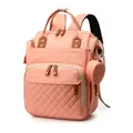 Large capacity pink diaper bag backpack with quilted front pocket and round pouch - Pink