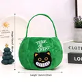 Green plush Halloween candy bag with black cat embroidery and Trick or Treat text. - Round Green Black Cat