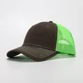 Brown and neon green trucker baseball cap with mesh back and contrast stitching - Adjustable / Dark Grey/Green Mesh