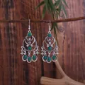 Bohemian ethnic silver-tone tassel earrings with green stone beads and crystals - Antique Silver