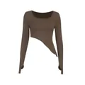 Chic slim-fit brown asymmetrical long-sleeve T-shirt with thumbhole cuffs for women. - S / Brown