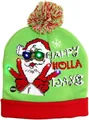 Festive LED Christmas knitted beanie in green with Santa Happy Holla Days design - One Size / V-Sign Santa