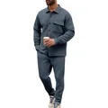 Stylish men's casual gray-blue waffle textured two-piece lapel jacket and pants outfit set - Dark Gray