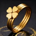 Elegant gold-plated stainless steel triple band ring with a lucky four-leaf clover motif - Size 5 / Gold Clover Style (37-E-6)