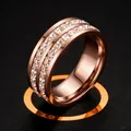 Elegant rose gold stainless steel ring featuring a double row of sparkling clear crystals. - Size 5 / Rose Gold Double Row Square Zirconia (7-B-3)