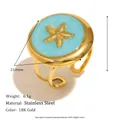 18K gold-plated stainless steel starfish open ring featuring a blue enamel finish - Round Enamel Starfish Open Ring - Gold