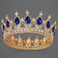 Luxury baroque gold crown tiara featuring pear-shaped blue crystals and sparkly rhinestones. - Blue Diamond Versatile Luxury Style (TS-J2997BLUE) / Blue