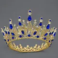 Vintage Baroque gold full circle crown with royal blue waterdrop crystals - Blue Diamond Versatile Luxury Style (TS-J3207GGBLUE) / Blue