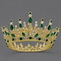 Luxury Baroque gold-tone full round crown adorned with emerald green and clear crystals - Green Diamond Versatile Luxury Style (TS-J3207GGREEN) / Green