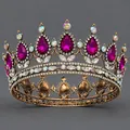 Exquisite vintage Baroque full round crown with magenta teardrop crystals and gold finish - Rose Red Diamond Versatile Luxury Style (TS-J2997AGROSE) / Rose Red