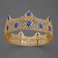 Corona barroca dorada vintage con elegantes diamantes de imitación azules de novia - Una Lujosa Y Deslumbrante Corona Azul Ts-j3343gblue