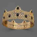 Elegante tiara de corona redonda dorata barroca con pedrería de cristal negro - Corona Versátil Negra De Estilo Europeo Y Americano Ts-j3343gblk