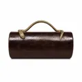 Close-up of dark brown barrel evening bag featuring a golden snake-shaped handle - Coffee (Gilded Snake)