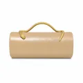 Detailed shot showing a beige cylindrical PU evening bag with a golden snake handle - Khaki (Gold Snake)