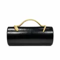 Close-up of a black PU cylindrical evening bag with a textured gold snake handle - Black (Gold Snake)