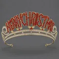 Elegant gold Christmas tiara featuring red Merry Christmas rhinestone lettering decoration - Christmas Letter Red Rhinestone Crown TS-J3428GHRED