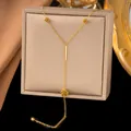 Korean style gold titanium steel Y-necklace with rose motifs and geometric bars - Camellia Tassel Style (H1190)